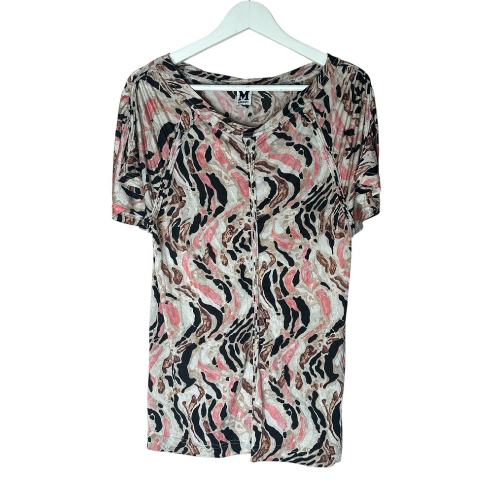M Missoni Silk Knit Abstract Beige Black Pink Print Short Sleeve Top 2